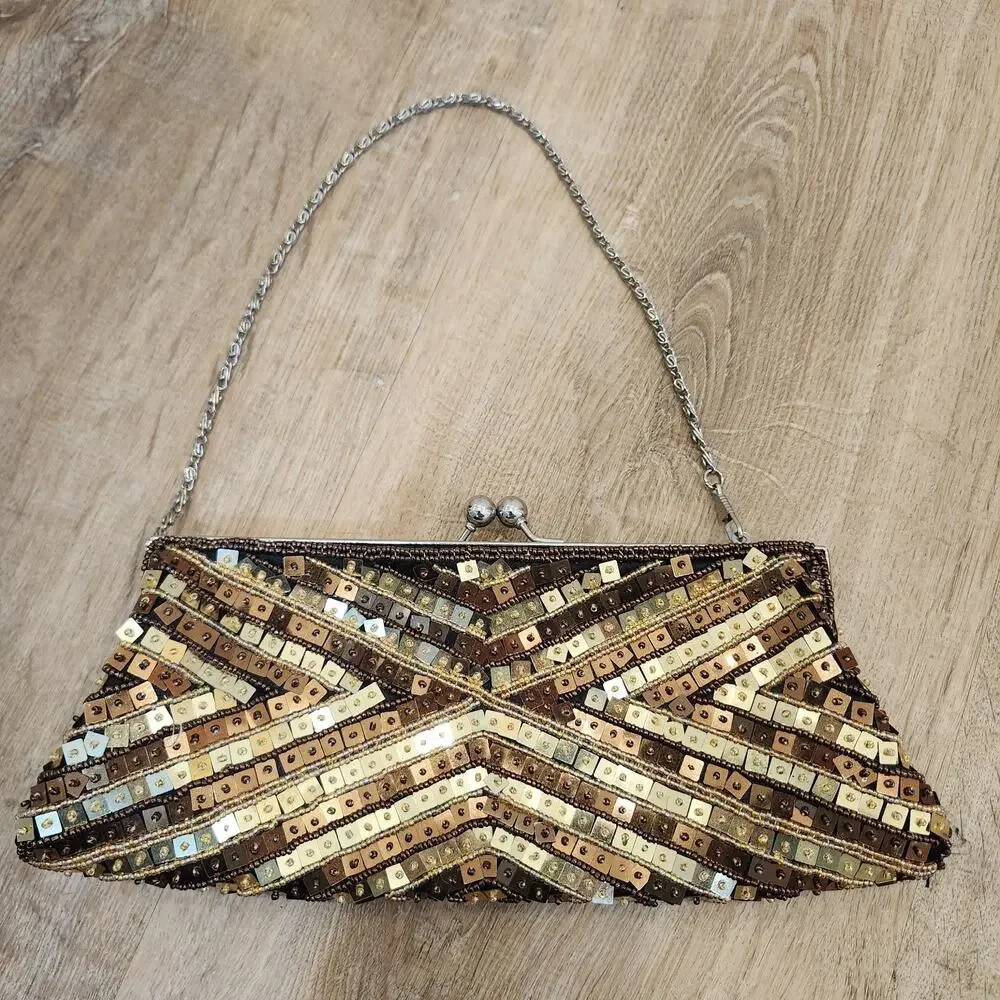 Vtg Purse Clutch Gold Bronze Beaded Kisslock Dressy Evening Bag PROM Formal